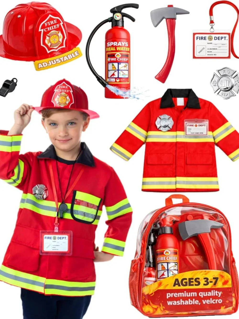 Firefighter Costume for Kids Ages 3-7, Fireman Boys & Girls Set